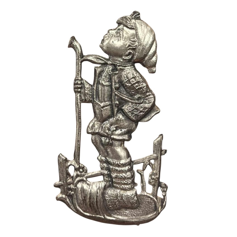 Vintage Pewter Hummel Goebel Style Shepherd Boy Hiker Pin Brooch #37-6